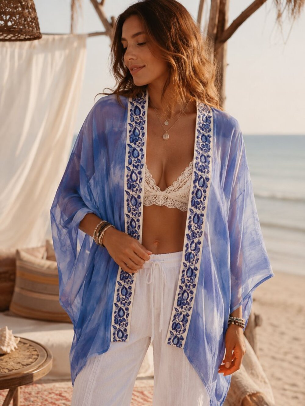 Soft Surroundings Sheer Tie Dye Embroiderd Kimono